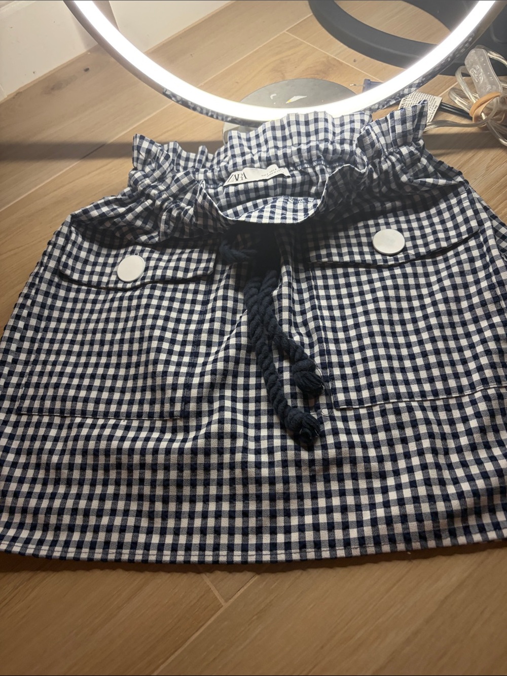 Zara Navy & White Gingham Paperbag Drawstring Skirt